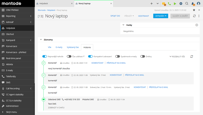Přehledná historie komunikace v systému Montodo zobrazující tickety a předchozí interakce s klientem ještě před přijetím hovoru.