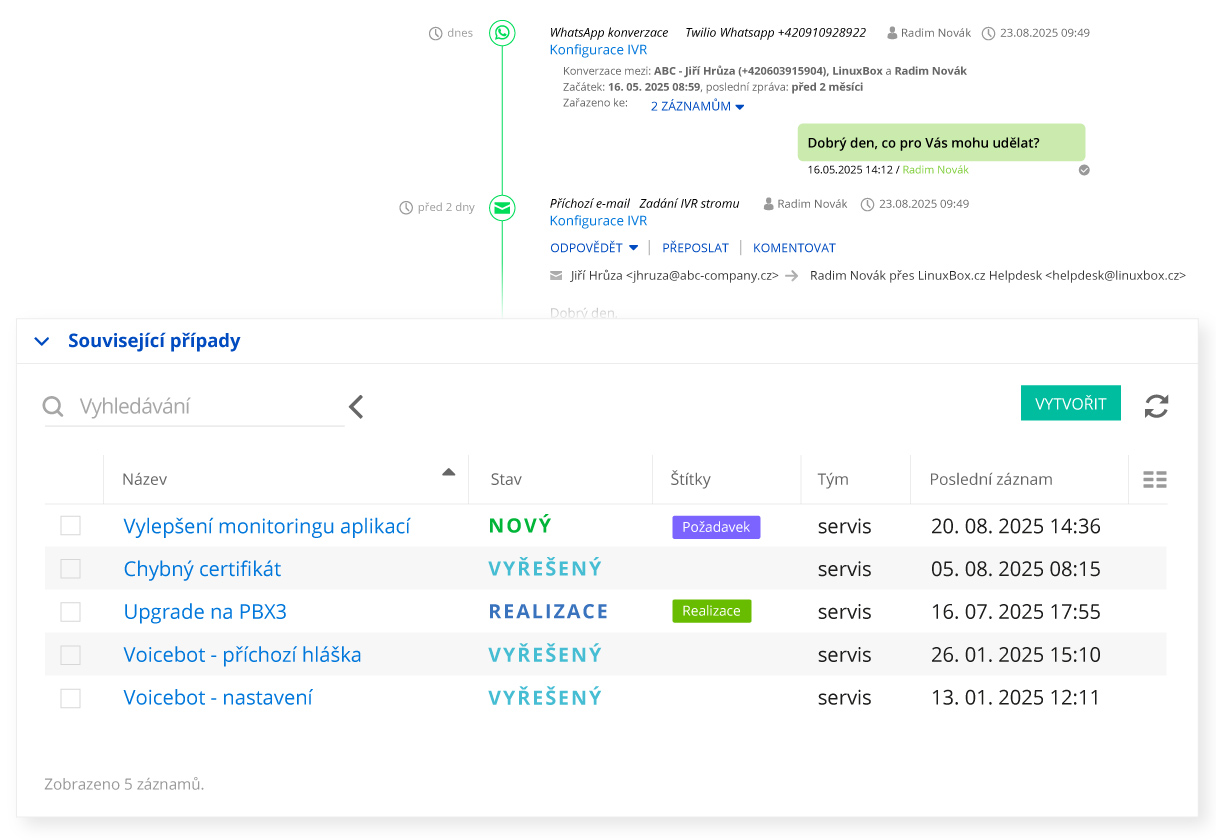 Evidence ticketů v systému Montodo pro přehled všech požadavků z různých komunikačních kanálů s unikátním ID a zobrazením historie volajícího při příchozím hovoru.