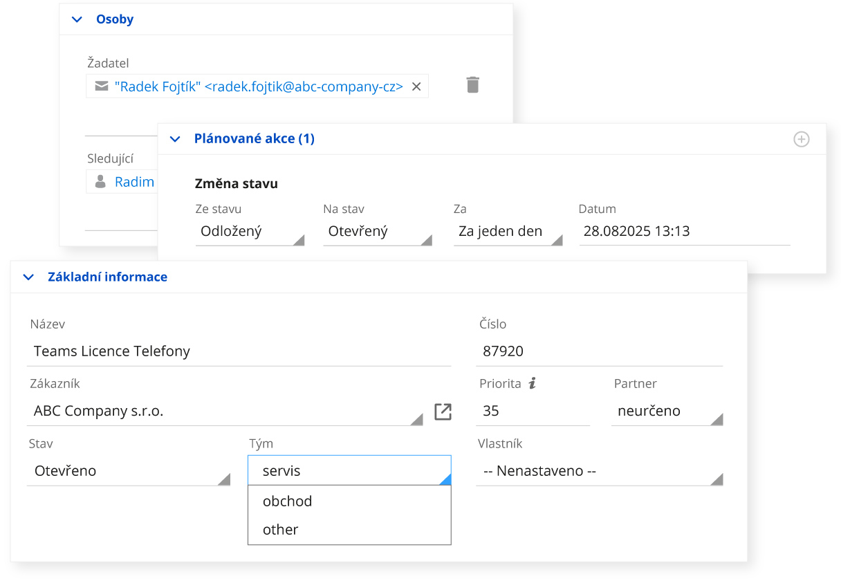 Přiřazení a workflow v systému Montodo pro automatické rozdělování ticketů podle vytíženosti a odbornosti a automatizaci změn stavu pomocí plánovaných akcí.