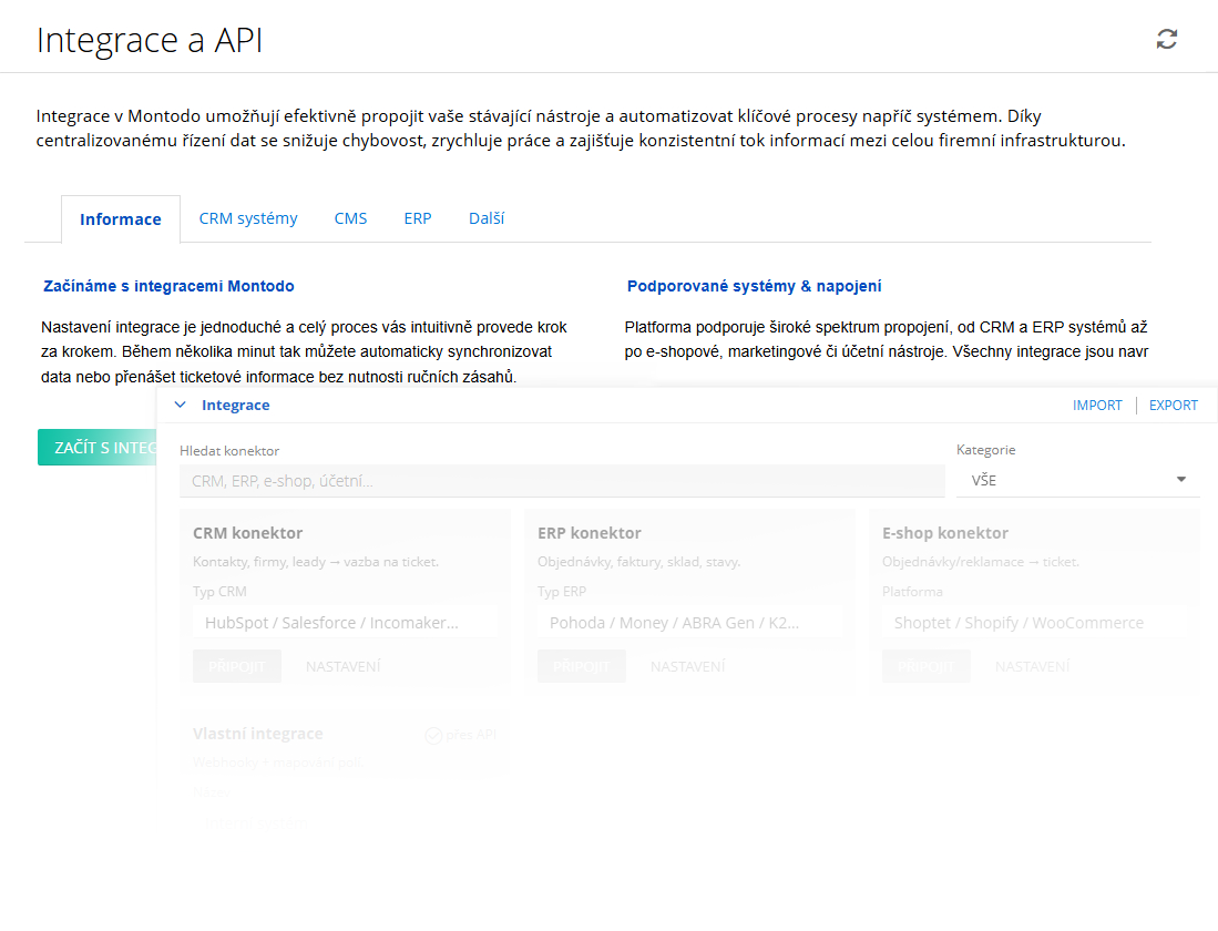 Integrace a API systému Montodo pro propojení s CRM ERP e shopovými interními marketingovými a účetními systémy a automatizaci procesů a přenosu dat.