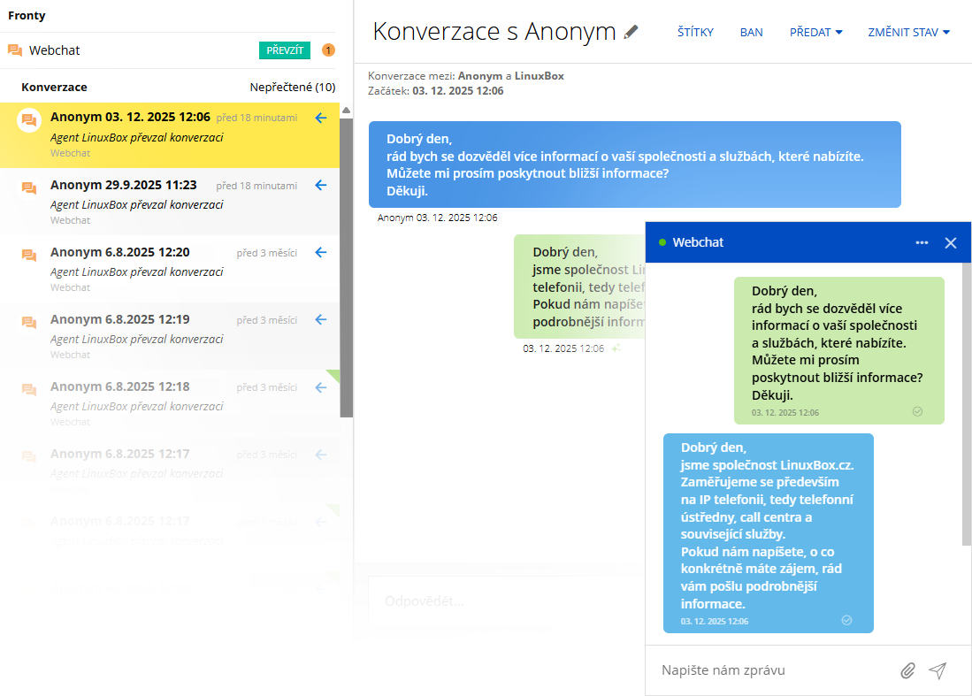 Webchat v systému Montodo pro přímou online komunikaci s klienty na webu rychlé vyřízení dotazů a budování dlouhodobých vztahů.