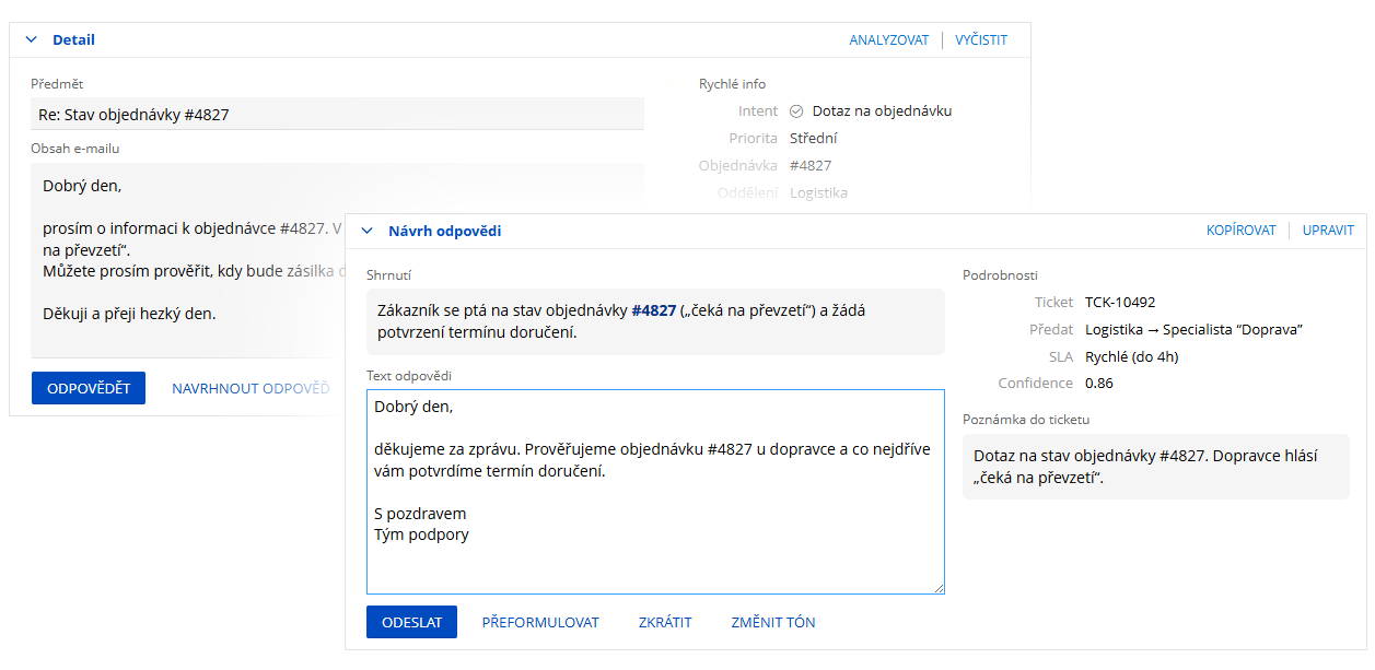 Mailbot v systému Montodo pro automatizované zpracování e mailové komunikace s návrhem a odesláním odpovědí přiřazením zpráv k ticketům a předáním na správné oddělení nebo specialistu.