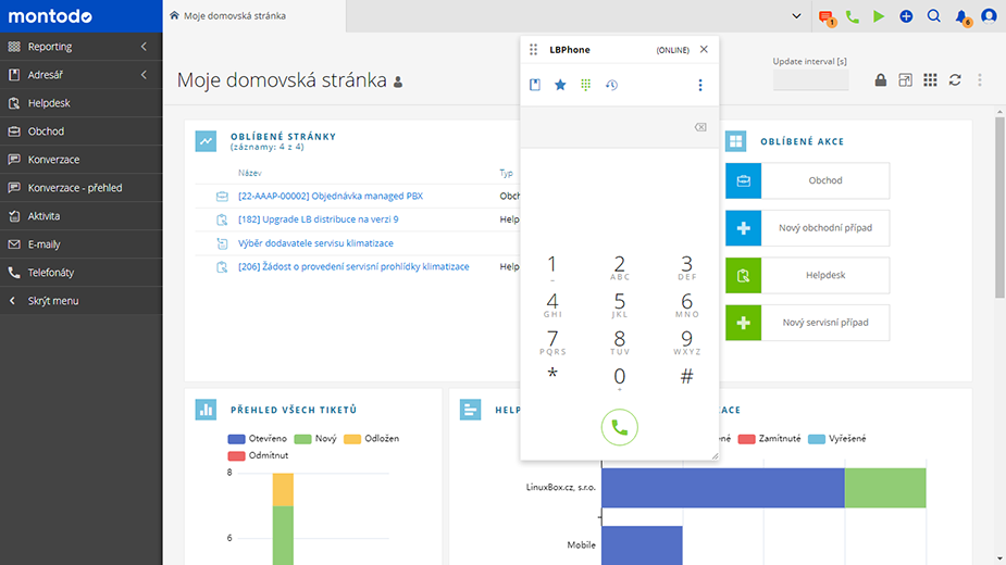 Domovská stránka Kontaktního centra s otevřeným číselníkem LBPhone.
