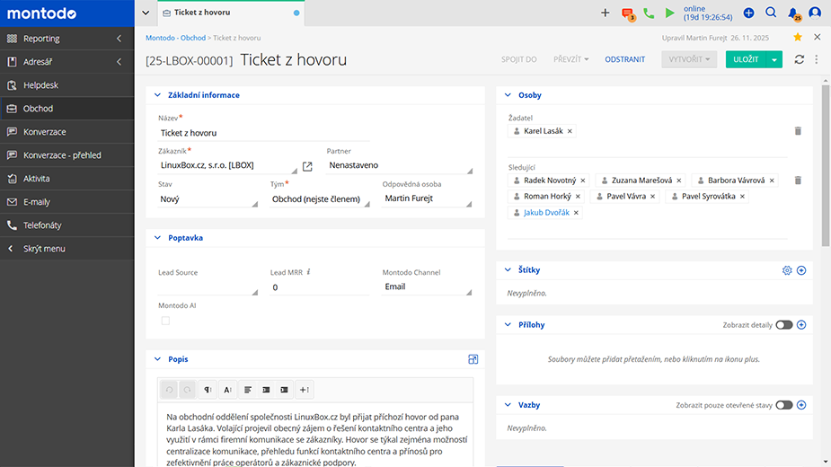 Domovská stránka Kontaktního centra s otevřeným číselníkem LBPhone.