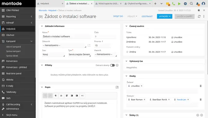 Helpdesk v systému Montodo pro centralizovanou správu zákaznických požadavků ticketů a komunikace napříč všemi kanály s rychlou odezvou a přehledným workflow.